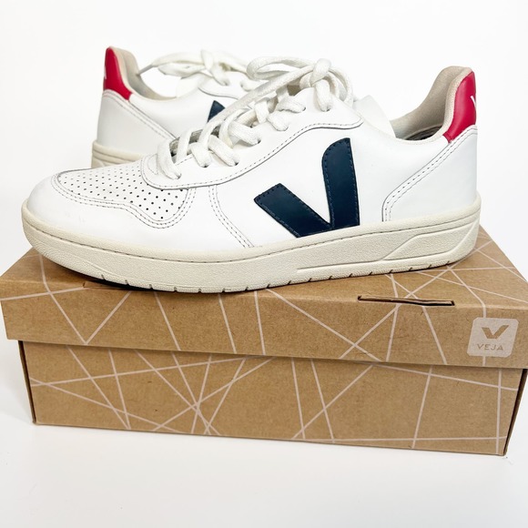 Veja Shoes - Veja V-10 Leather Sneakers Shoes in White / Nautico Red & Navy Blue V10